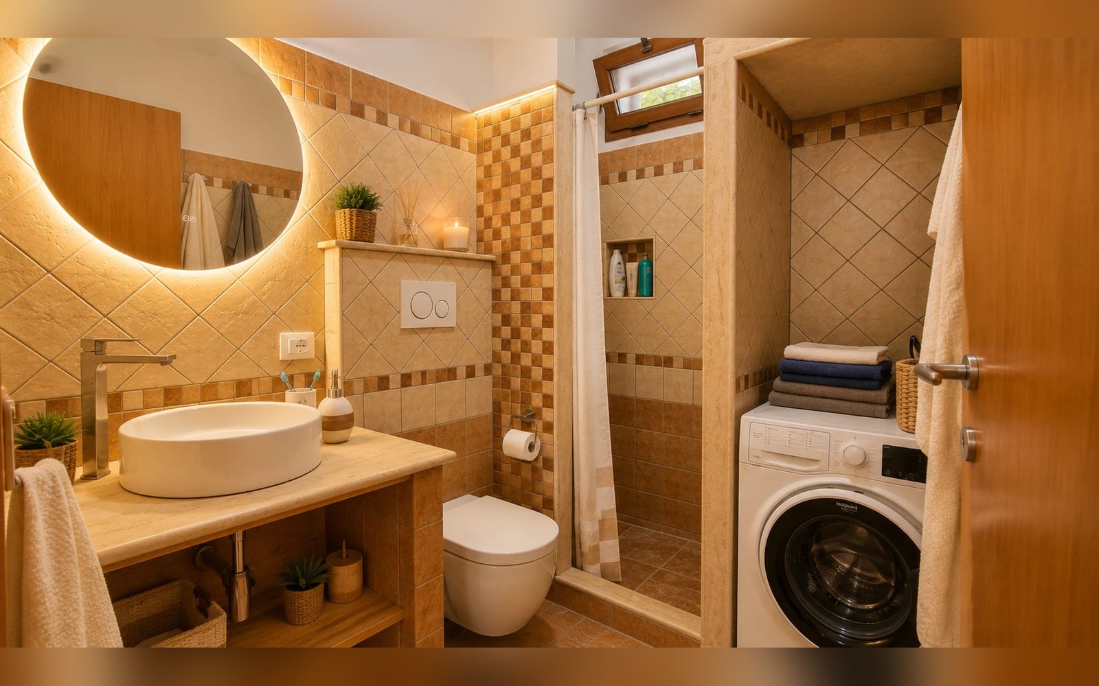 Bagno con lavabo, specchio retroilluminato, doccia e lavatrice