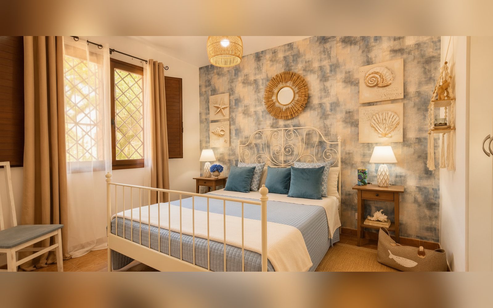 Camera matrimoniale con letto in ferro battuto e dettagli in stile mediterraneo