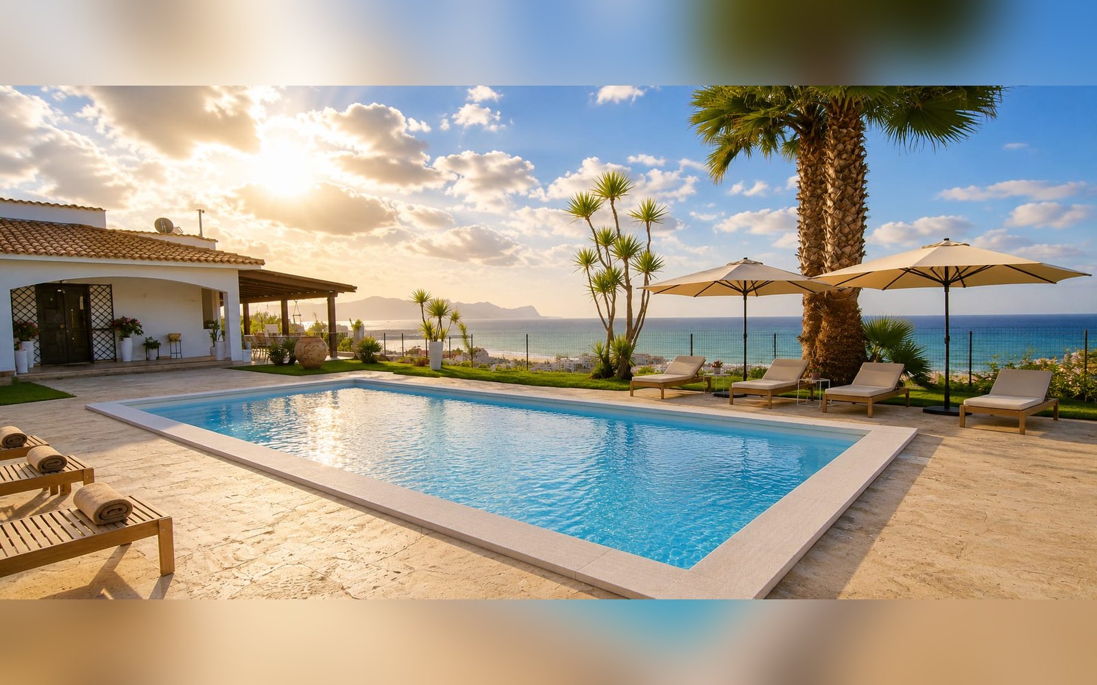 Villa Bellavista Luxury Retreat: la piscina privata al tramonto, con le palme e la vista sul Golfo di Castellammare