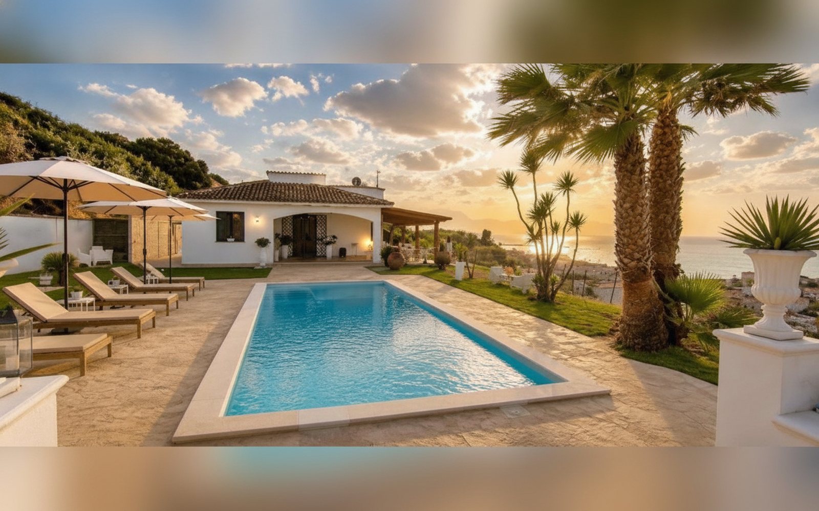 La piscina privata davanti alla villa, tra palme e vista sul golfo