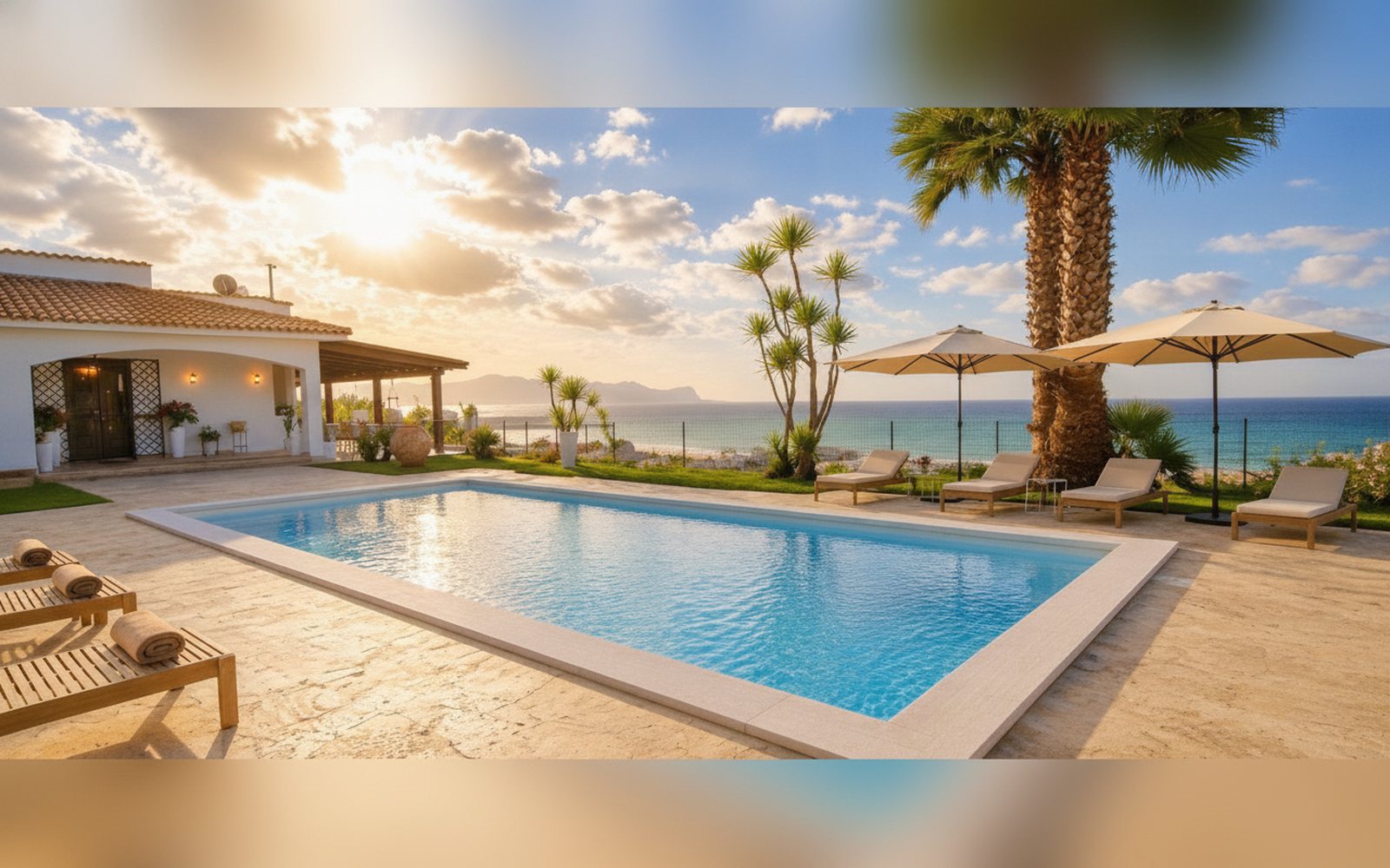 La piscina illuminata dalla luce calda del tardo pomeriggio
