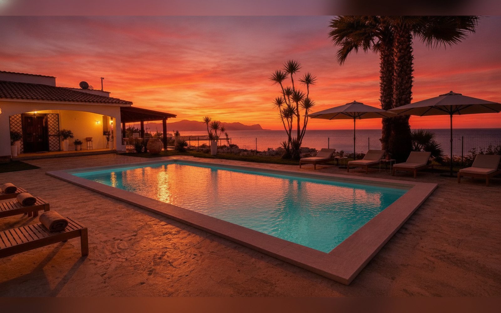 La piscina al tramonto, con il cielo rosso sul golfo